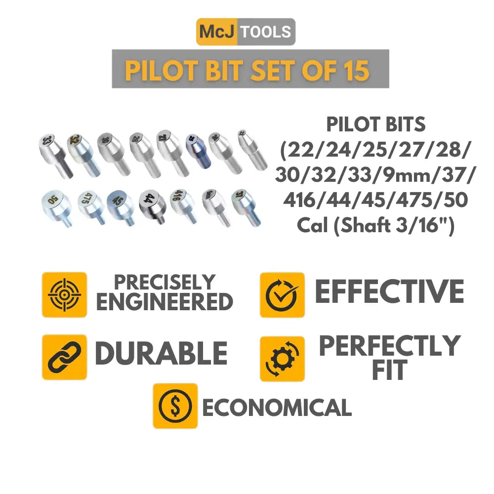 Case Trimmer Pilot Set – 15 Popular Calibers (.22–.50 Cal) | Case Prep Reloading Tool