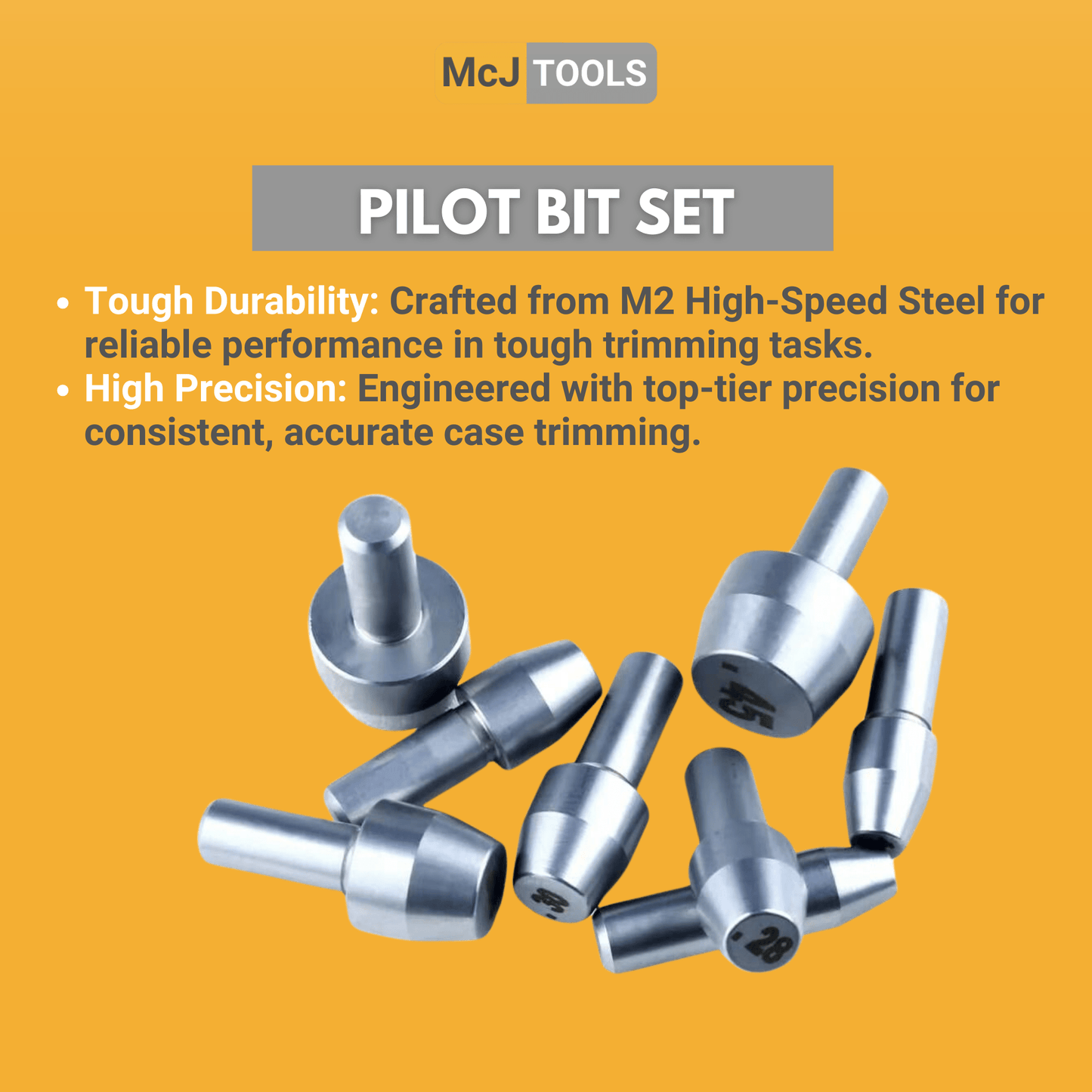 McJ Tools Case Trimmer Pilot Set of 8 Most Popular Sizes: .22, .24, .27, .28, .30, 9mm, .44, .45 Cal (Shaft 5/32") McJ Tools