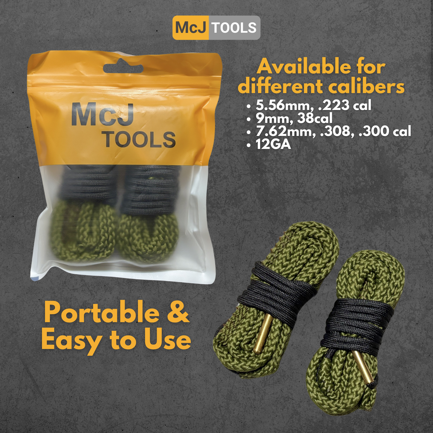 McJ Tools Caliber Bore Snake Cleaning Rope 9mm, .357, .38 (2 pack)