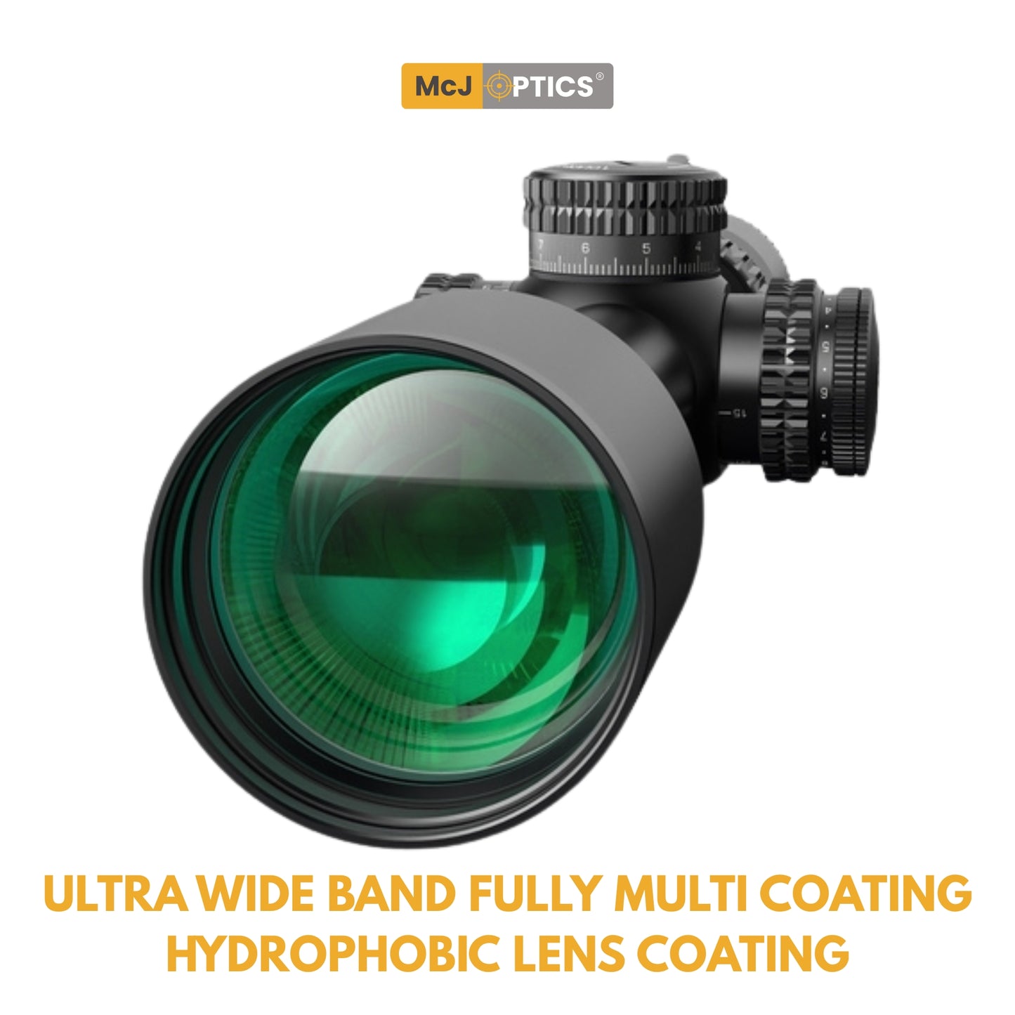 Top angle of McJ Optics 5-25x56 showing reticle settings