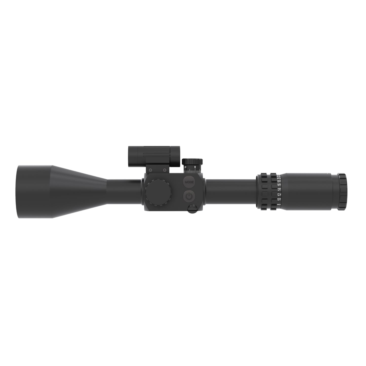 Side view of McJ Optics 5-25x56 with adjustment knobs