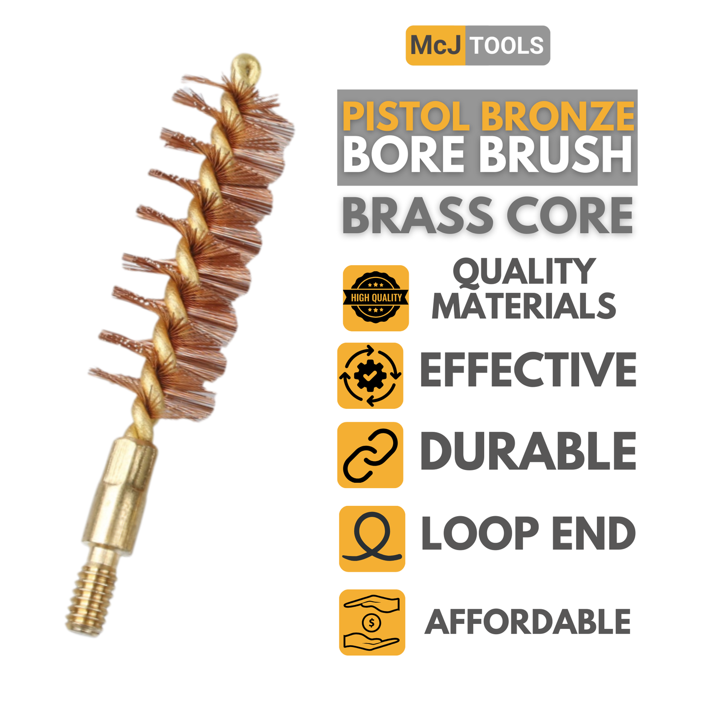 McJ Tools 45 Caliber Bronze Bore Brush – Brass Looped Core for Pistol Cleaning (10-Pack)