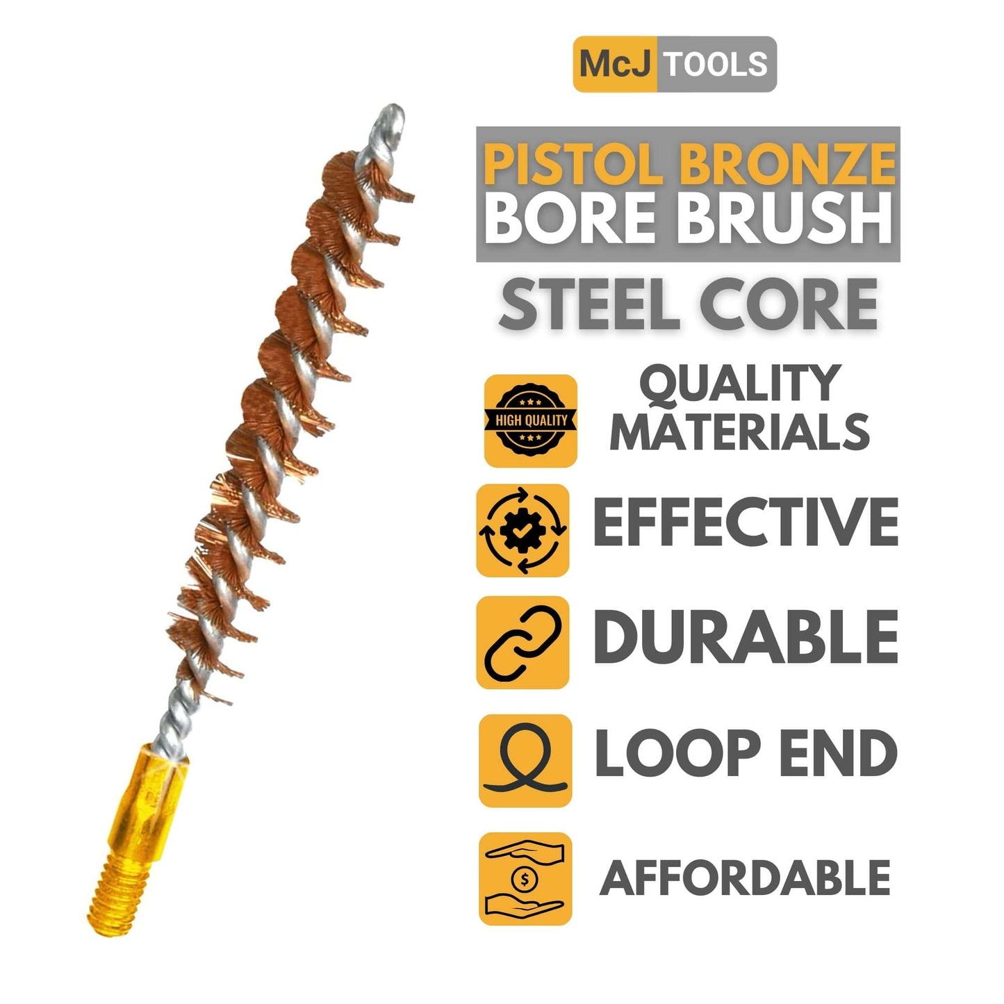 McJ Tools 45 Caliber Bronze Bore Brush – Steel Looped Core for Pistol Cleaning (20-Pack)